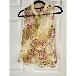 Snak Floral Lace Sleeveless Top Sheer Button Up‎ Blouse Size 8